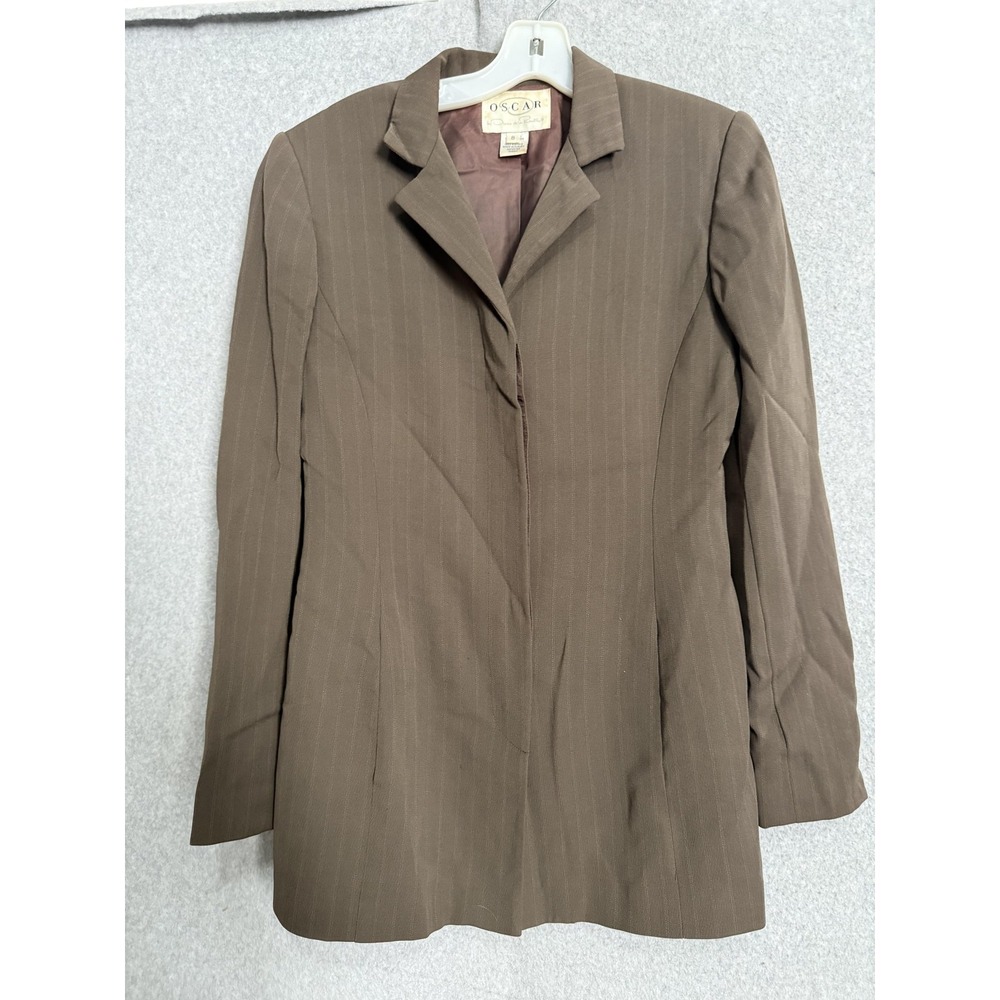 OSCAR By Oscar De La Renta Blazer Jacket Womens 8 Brown Pinstripe Wool Lined